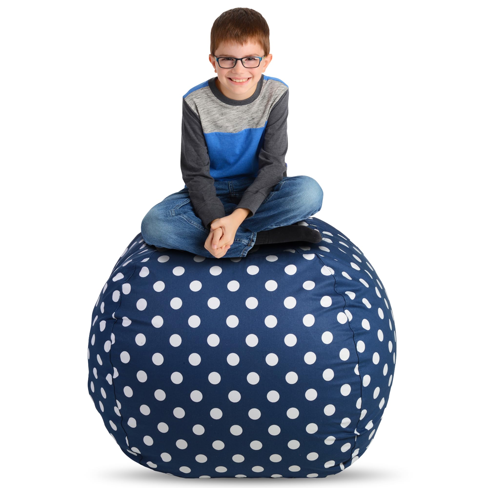 Creative Qt Stuff ’N Sit Extra Large 38’’ Bean Bag Storage Cover For Stuffed Animals & Toys - Navy Blue Polka Dot - Toddler & Kids’ Rooms Organizer - Giant Beanbag Great Plush Toy Hammock Alternative